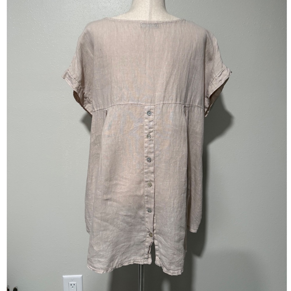 Terzo Millennio Linen Top Womens Medium Beige Button Back Relaxed Fit Lagenlook - Picture 2 of 6